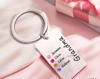 Grandma Keyring Birthstone Charm - Personalized Stainless Steel Keychain - Custom Engraving, Birthday Gift, Durable Keepsake