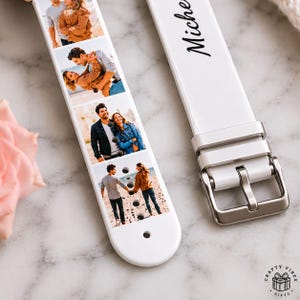 Silicone Apple Watch strap customized with multiple personal photos and a printed name overlay for a unique and emotional keepsake. The sweat-resistant material offers all-day comfort while displaying treasured moments in a stylish collage layout compatible with Apple Watch 38-44mm models.