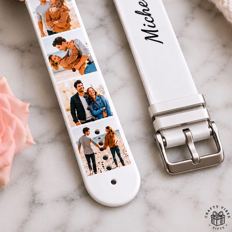 Silicone Apple Watch strap customized with multiple personal photos and a printed name overlay for a unique and emotional keepsake. The sweat-resistant material offers all-day comfort while displaying treasured moments in a stylish collage layout compatible with Apple Watch 38-44mm models.