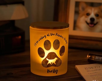 Pet Memorial Candle Custom Dog Silhouette: Rainbow Bridge Tribute, Glass Jar, LED Flameless Light | Personalized Keepsake, 4.33in Tall