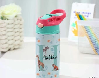 Kids Water Bottle Personalized Tumbler: Jungle Animal Design, Stainless Steel, BPA-Free | Wide Mouth, Easy Clean | 12oz Size