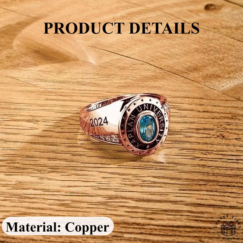 Handmade-style copper ring featuring engraved text and gemstone detail