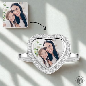 Photo Ring Copper Custom Picture Ring, Heart Design with Zircon Accent (Adjustable US 5-9, Waterproof Print, Copper)
