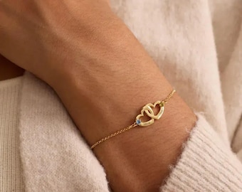 Unique Name Jewelry Custom Heart Bracelet: Interlocking Double Hearts, Copper with Birthstone | Comfort Fit, Personalized Gift | W7xH7cm