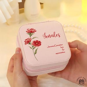 Jewelry Leather Box - Birth Flower Design Compact Case - PU Leather, Personalized Gift, Travel Size Keepsake