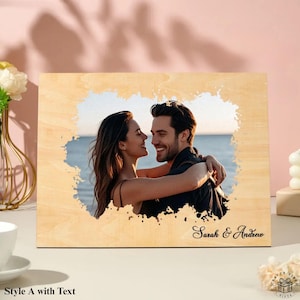Personalized Couple Portrait Photo on Wood Watercolor Style Engraved Photo Living Room Wood Art Decor Anniversary Wedding Gift for Couples