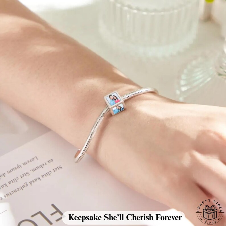 Personalized remembrance charm bracelet for her with photo and name engravings.