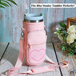 Personalized custom water bottle pouch designed for hiking and outdoor use. Insulated tumbler sleeve with adjustable strap to keep drinks cool and hands free. Ideal gift for campers, travelers, hikers, and anyone on the go who wants a stylish and functional water bottle holder.