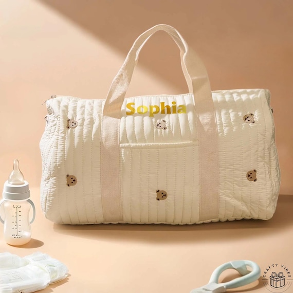 Maternity Bag Large Durable Cotton Tote - Personalized Baby Name, Neutral Unisex Hospital Bag - Zipper Closure, Spacious Design