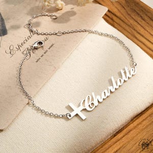 Personalized Name Bracelet Faith Religious Bracelet Baptism Confirmation Cross Bracelet Copper Christian Bracelets for Women Gift for Wife