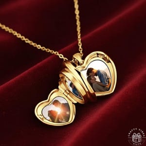 Holds 4 Pictures Heart Locket Necklace: Customized Copper Pendant - Holds Four Photos, Engraved Love Message