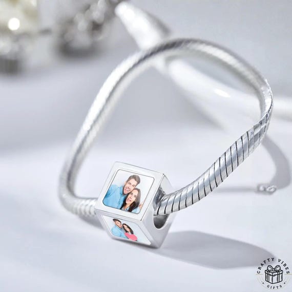 Photo Square Bead Custom Charm: Personalized Copper Cube Keepsake, Four Photos Displayed (0.8cm, High Quality Metal)