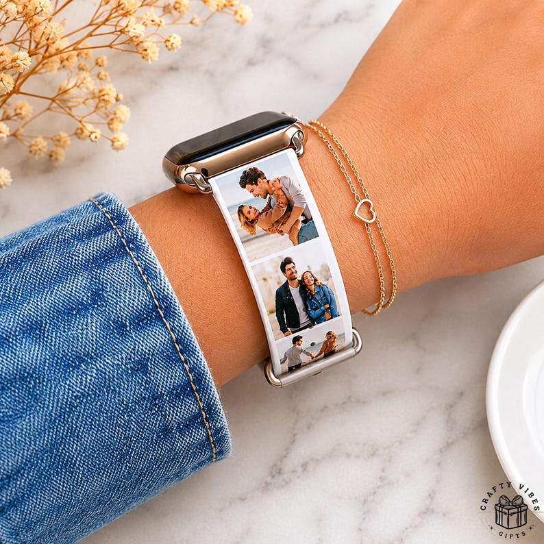 A personalized silicone Apple Watch band featuring a custom collage of family photos, couple memories, or favorite moments printed directly onto the strap. The sweat-resistant band includes a custom name print and is designed to fit Apple Watch sizes 38mm, 40mm, 41mm, 42mm, 44mm, and compatible models. Ideal as a sentimental gift for birthdays, anniversaries, Mother’s Day, Father’s Day, or everyday wear.