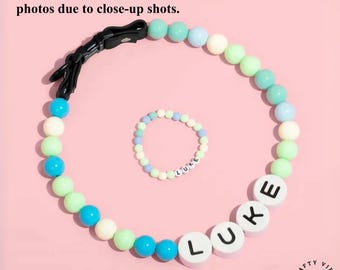 Collar para perro con cuentas y nombre personalizado: Conjunto de collar personalizado para mascotas - Cuero sintético ajustable, pulsera a juego, regalo para dueños de gatos