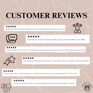 Customer reviews collage for a custom wall clock photo display on a beige abstract background with five-star icons.