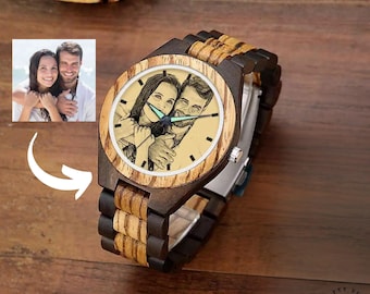 Custom Photo Dial Wood Watch: Personalized Engraved Timepiece, Eco Friendly, Adjustable Band | Mens 45mm, Unique Gift