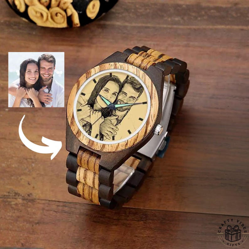 Customized wooden watch for men with personalized engraved face.