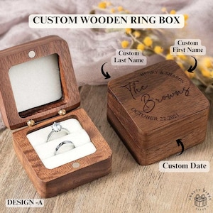Ceremony Ring Box Personalized: Engraved Double Holder, Natural Wood and Velvet (Compact Size, Bridal Keepsake)