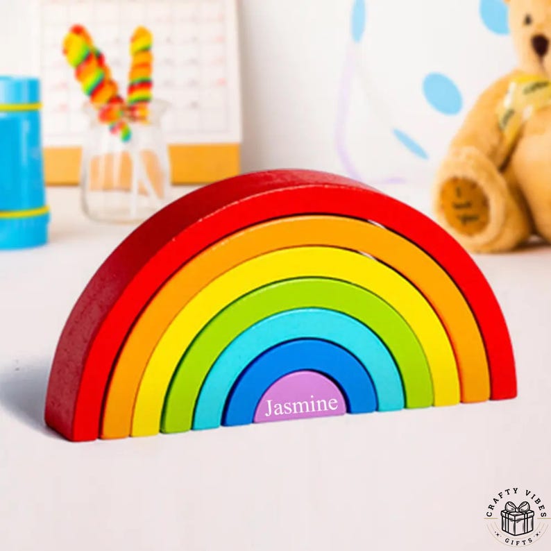 Wooden rainbow stacker toy colorful nesting puzzle learning game for kids