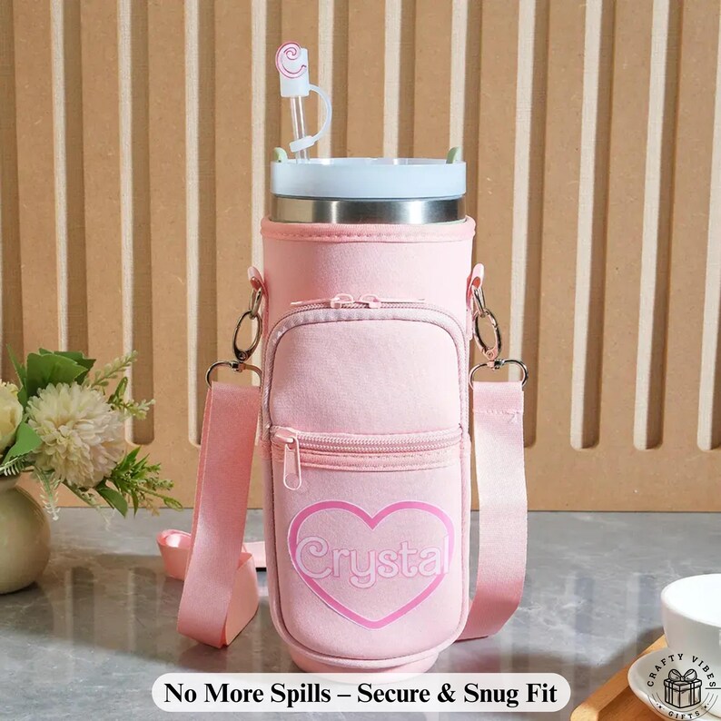 Custom Water Bottle Pouch Personalized Hiking Tumbler Sleeve Strap Insulated Drink Holder Outdoor Camping Travel Birthday Gift for Friend