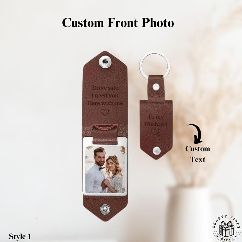 Custom Leather Photo Keychain Personalized Date Keyring Engraved Message Gift for Couple Anniversary Keepsake for Him Her Birthday Present