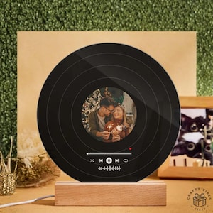 Custom Photo Music Plaque: Illuminated Couple Song Display - Acrylic Plaque, Solid Wood Base, USB Powered Night Light