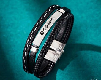 Scannable Music Code Bracelet: Personalized Song Scan - Multi Layer Brown Leather, Custom Engraving, Mens Accessory