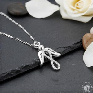 Engraved Angel Wings Infinity Necklace Custom Pendant, Elegant Wing Design (2.7x4cm, Copper, Silver, Gold, Adjustable Chain)