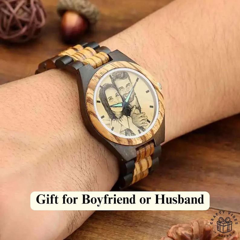 Engraved men’s wooden watch, perfect anniversary gift for husband.