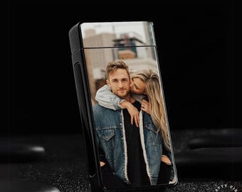 Spersonalizowana zapalniczka fotograficzna, smukła, metalowa latarka USB – spersonalizowany, dwustronny wydruk fotograficzny – wiatroodporna, płomień, stop, ładowany przez USB prezent