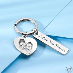 Personalized Keychain Engraved Stainless Steel Heart Keyring with Custom Picture Message Memorial Keepsake Remembrance Gift for Couple