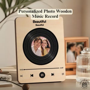 Music Record Player Wedding Gift Song Plaque: Custom Photo & Tune Display, Eco-Friendly Wood (6.2x8.2in, Personalized)