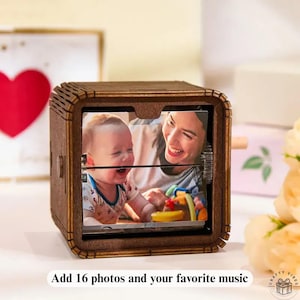 Flipbook Photo Frame Walnut Wood: Custom Animated Photo Display, Hand Crank Mechanism (16 Photos, Keepsake Gift)