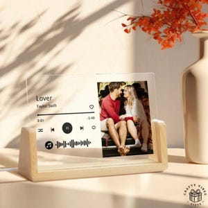 Spersonalizowana tabliczka z muzyką, spersonalizowana lampka nocna LED: akrylowy wzór z kodem piosenki, drewniana podstawa, ramka na zdjęcia | Prezent na rocznicę, dekoracja sypialni