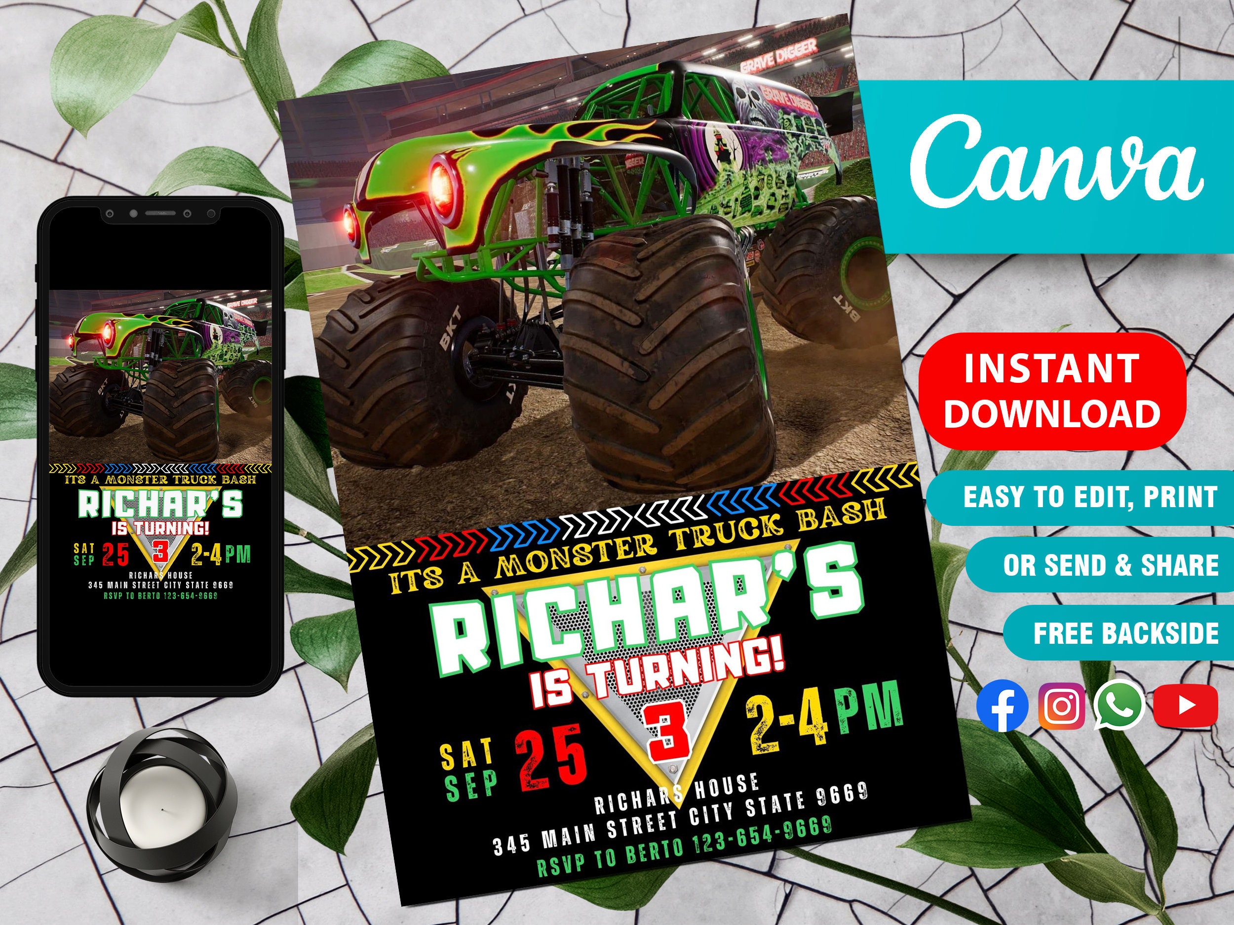 Monster Truck Invitation, Truck Rally Birthday Invitation, Monster ...