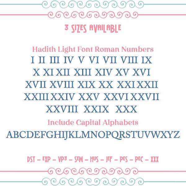 Hadith Light Font Romeinse cijfers Borduurontwerp, Algerijnse lettertype alfabetten Machine Borduurontwerp, 9 formaten zonder enig Bx-formaat