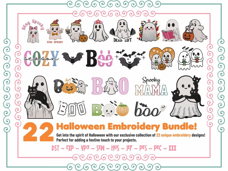 Halloween 22 Designs Bundle Embroidery Files, Floral Ghost, Pumpkin