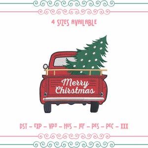 Red Truck with Christmas Tree Embroidery Design, Tree In The Truck, Merry Christmas Holiday Embroidery Design