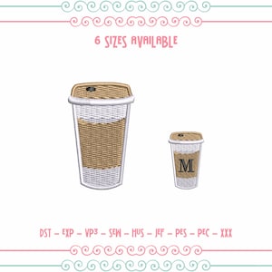 Diseño de bordado de taza de café, amante del café, grano de café, diseño de bordado de taza de café