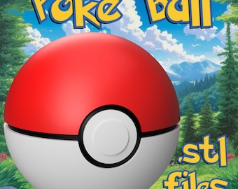 Op de afbeelding: Een rode en witte Pokébal met een zwarte ring rond het midden. De Pokébal is tegen een achtergrond van groen gras, blauwe lucht en witte wolken. De tekst "Poké Ball" staat in gele letters bovenaan de afbeelding. De tekst "stl files" staat in gele letters onderaan de afbeelding.