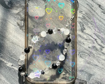 Handmade Y2K Beaded Phone Charm, Black & White Wristlet