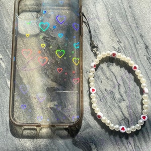 Coquette Pearl heart beaded phone charm, aesthetic y2k wrist strap phone accessory, cute beaded wristlet keychain
