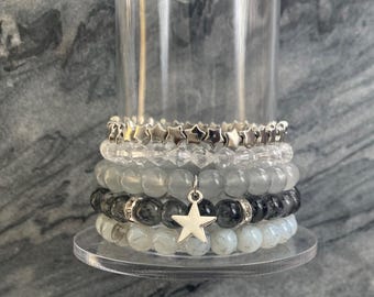 Beaded Bracelet Stack: Crystal, Glass, & Silver, Layered Boho Set