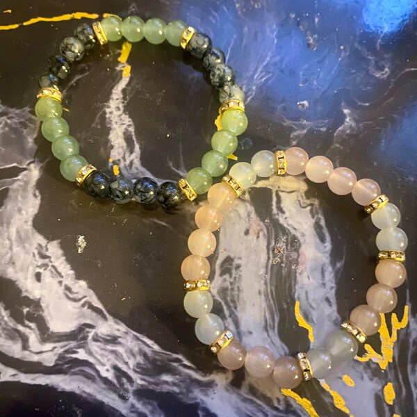 Royal Glass bead bracelets || gray + light orange bracelet and and black marble + green bracelet