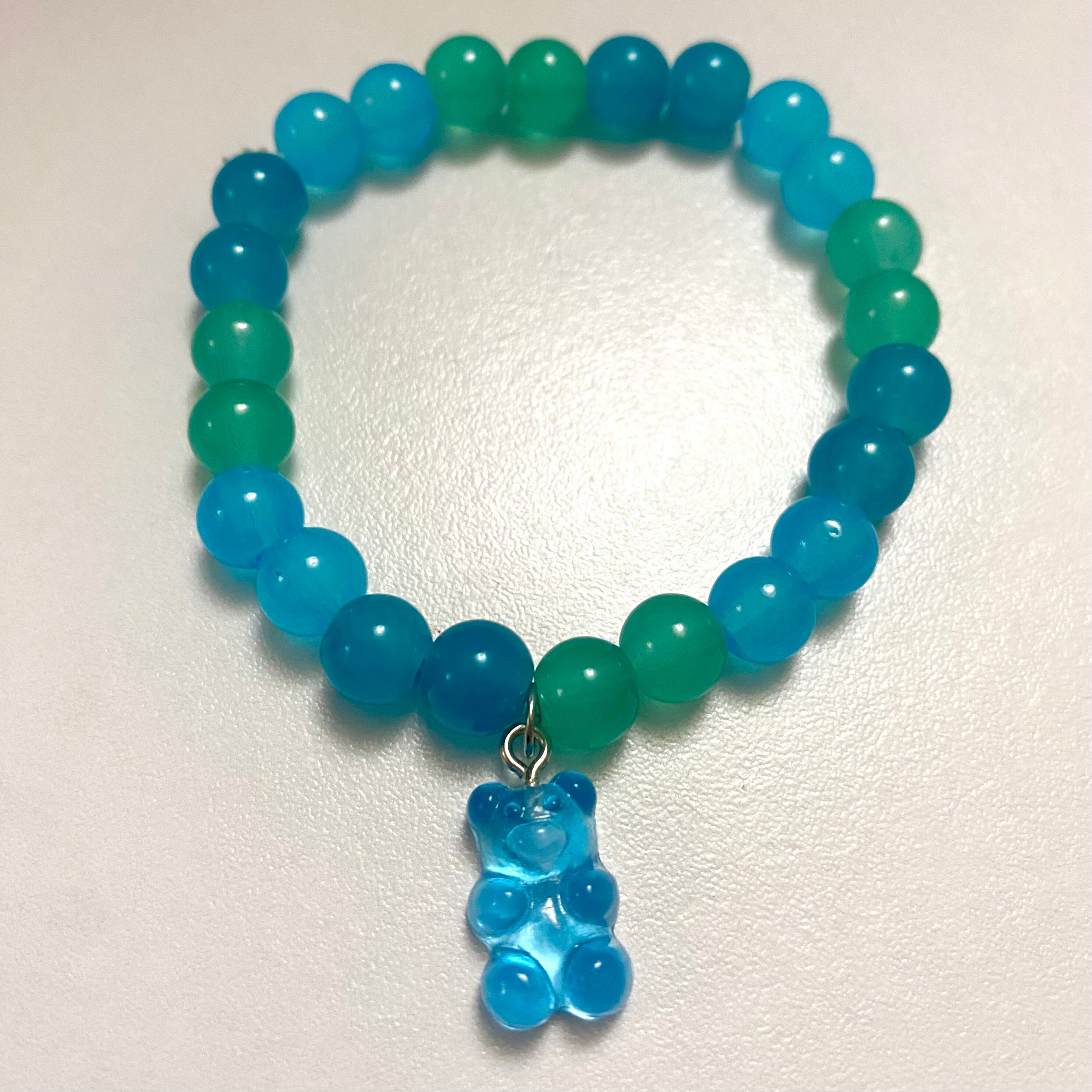 8mm Sea Turquoise Blue Glass Bead Bracelet With or Without a Gummy Bear