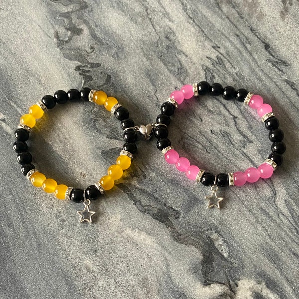 Matching yellow and pink magnetic heart glass bead bracelet || Y2K matching bracelets