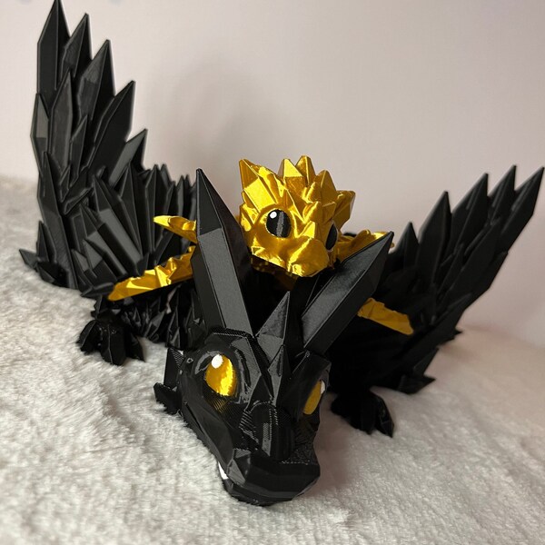 2 in 1 - Small golden and large black articulated dragon - inspired by Fourth Wing Tairn and Andarna