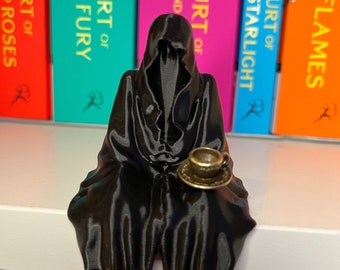 Black Grim Reaper figure sitting with and without teacup - inspired by Suriel ACOTAR