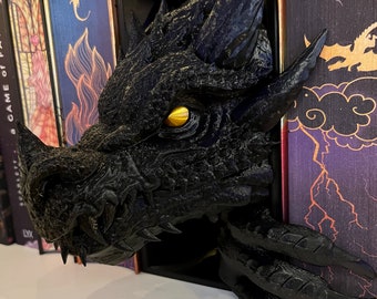 Bookend Dragon - Dragon Book Nook black with gold eyes inspired by Tairn Fourth Wing, GOT