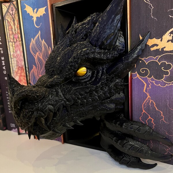 Buchstütze Drache - Dragon Book Nook schwarz mit goldenen Augen inspiriert von Tairn Fourth Wing, GOT